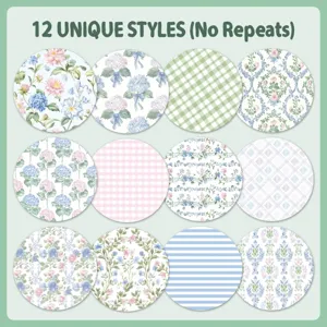Collection of 12 unique floral and geometric patterned scrapbook paper styles for journals