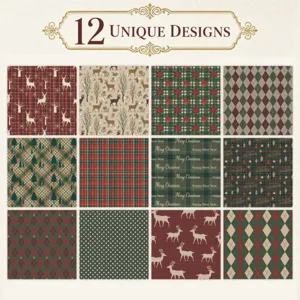 Detail view of 12 assorted vintage Christmas patterns for scrapbooking DIY projects