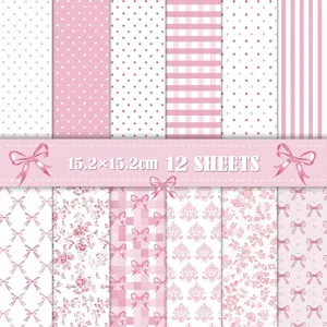 12 sheets of pink and white scrapbooking paper with floral and geometric patterns