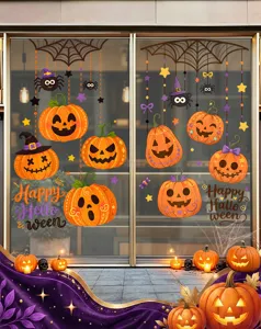 Halloween window clings featuring pumpkins and spiders on a glass sliding door