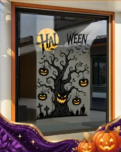 Large Halloween static window sticker featuring spooky ghost tree pumpkin and moon design