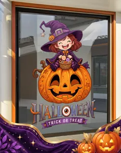 Adorable Halloween little witch on a pumpkin window sticker for festive glass door decoration.