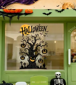 Spooky Halloween window sticker with ghost tree and pumpkins in a store window display