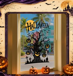 Detailed view of Halloween window decal featuring a spooky tree, pumpkins and moon.