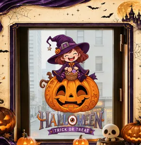 Detail view of a Halloween window sticker featuring a cartoon witch on a pumpkin.