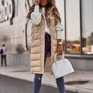 Women long puffer vest winter casual sleeveless hooded cardigan solid outerwear warm coat