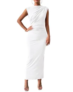 White sleeveless cowl neck bodycon maxi dress for women elegant summer party evening wear.