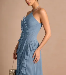 Blue pleated halter dress detail, elegant evening party long dress with ruffled front accent.