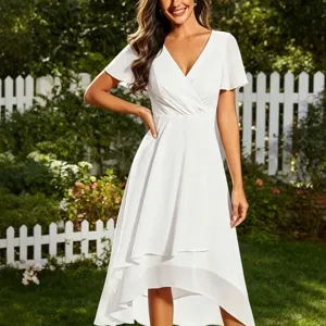 Outdoor detail view of a elegant white V-neck short sleeve high-low midi dress for women.