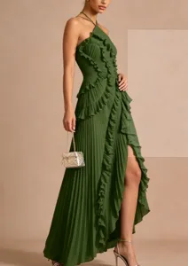 Elegant dark green pleated halter maxi dress with high slit for party evening events.