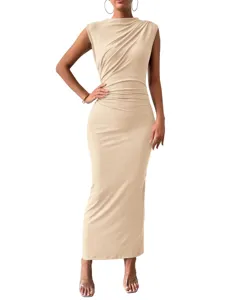 Sleeveless ruched maxi dress detail shot, highlighting asymmetric drape and slim fit design.