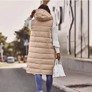 Women solid color hooded long puffer vest casual sleeveless winter outerwear jacket outdoor style