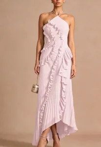 Women elegant pleated halter long dress party evening sleeveless pink maxi dress chic outfit