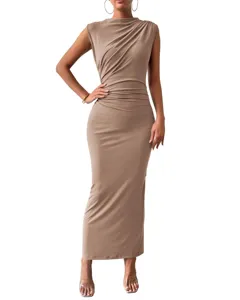 Sleeveless back slit gathered bodycon maxi dress, elegant casual fashion for women.