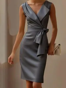 Elegantes graues Satinkleid ärmellos V-Ausschnitt Minikleid mit Schleife für Damen Party
