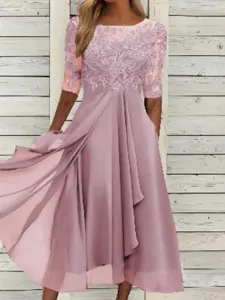 Elegant women's long chiffon dress featuring delicate lace details for evening parties.