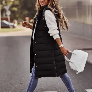 Women long black puffer vest casual sleeveless hooded outerwear winter warm fashion clothing