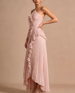 Pink halter pleated ruffle high low dress elegant party evening maxi dress women fashion