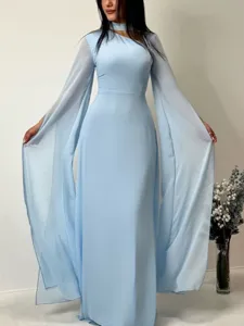 Women Casual Elegant Long Sleeve Chiffon Spliced Slim Maxi Dress Solid Color Formal Evening Party Dress