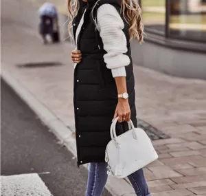 Women's solid color hooded long puffer vest casual sleeveless cardigan winter outerwear