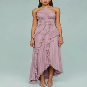 Pleated halter neck strapless long dress detail, elegant mauve party wear gown for women.