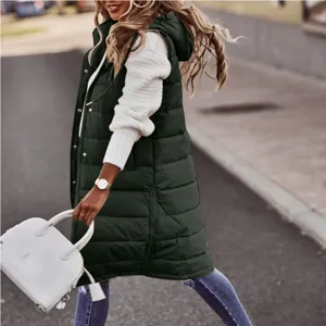 Women's long hooded puffer vest winter casual sleeveless solid color cardigan outerwear
