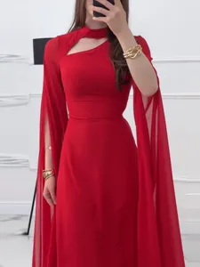 Elegant red long sleeve maxi dress for women, chic chiffon patchwork evening party gown outfit.