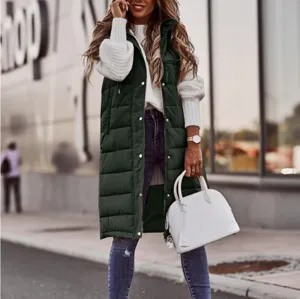 Women long puffer vest casual winter warm sleeveless hooded outerwear solid color coat fashion
