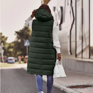 Women's green hooded long vest winter casual sleeveless padded outwear warm down coat.
