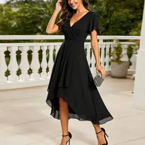Women black v-neck short sleeve high low evening dress midi party dress detail view.