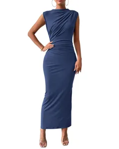 Sleeveless ruched bodycon maxi dress detail view showcasing exquisite draping and silhouette.