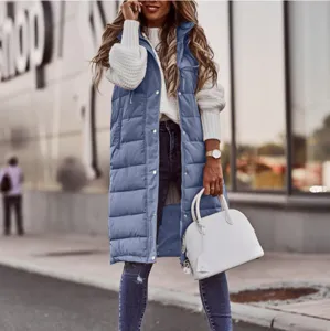 Women long puffer vest solid color hooded slim fit sleeveless casual winter outerwear coat