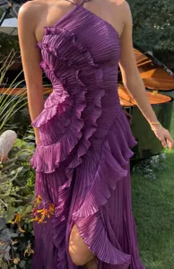 Purple pleated halter maxi dress, elegant ruffle long dress for women party wear.