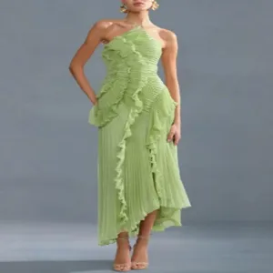 Green pleated halter neck long dress with elegant ruffles for women party wear style