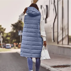 Women long hooded puffer vest casual solid sleeveless quilted winter outerwear coat