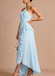 Detailed view of light blue halter pleated dress with elegant ruffles and high-low hem.