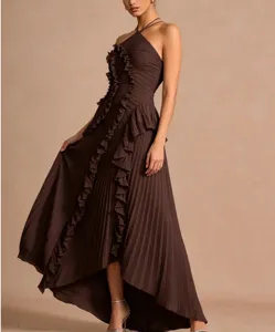 Stunning brown halter pleated maxi dress with chic ruffle trim and asymmetrical high-low hem.