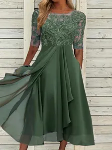 Elegant olive green chiffon lace spliced long dress, ideal for bridesmaid and evening party wear.