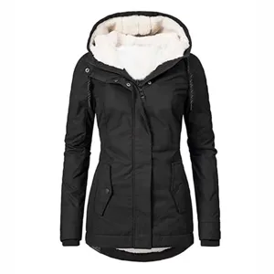 Women black hooded fleece lined winter parka coat, warm thick outerwear with fur collar.