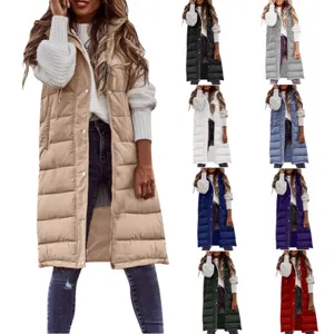 Women's Casual Solid Color Hooded Slim Fit Long Padded Vest Winter Warm Zipper Quilted Sleeveless Outerwear Cotton Coat