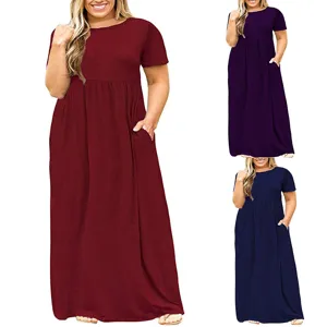 Γυναικείο Plus Size Casual Κοντομάνικο Στρογγυλή Λαιμόκοψη Τσέπες Maxi Φόρεμα Μονόχρωμο
