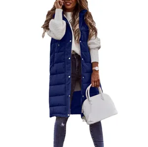 Women Long Puffer Vest Hooded Quilted Gilet Sleeveless Casual Winter Outwear Solid Color