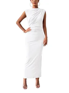 Sleek white sleeveless ruched bodycon maxi dress for women elegant stylish summer wear