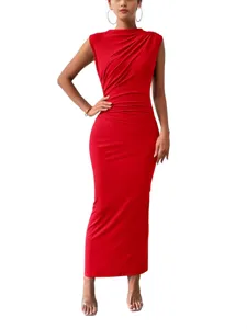 Women's Summer Red Sleeveless Ruched Bodycon Maxi Dress Elegant Party Clubwear Outfit