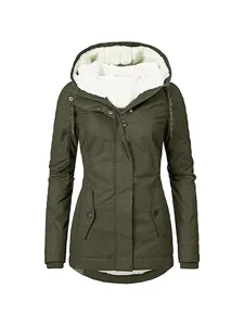 Women's fleece lined winter parka jacket with cozy hood, warm army green outerwear coat for daily wear.