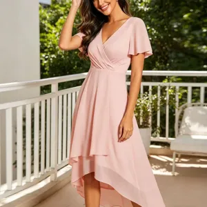 Pink chiffon wrap midi dress short sleeve high low hemline elegant casual detail view
