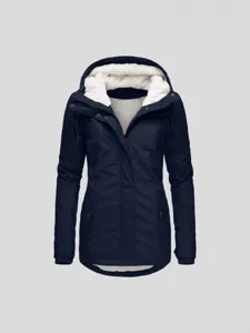 Women winter fleece lined hooded parka jacket casual warm dark blue outerwear coat main