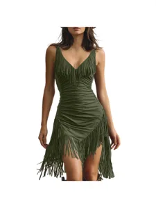 Vestido con flecos verde mujer sin mangas fruncido sexy fiesta clubwear ropa de moda