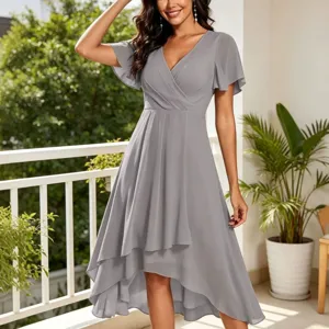 Details of the elegant grey V-neck chiffon midi dress with stylish high-low flutter sleeves.