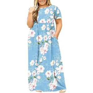 Φόρεμα maxi floral με στρογγυλή λαιμόκοψη και κοντό μανίκι plus size, καλοκαιρινό λεπτομέρεια